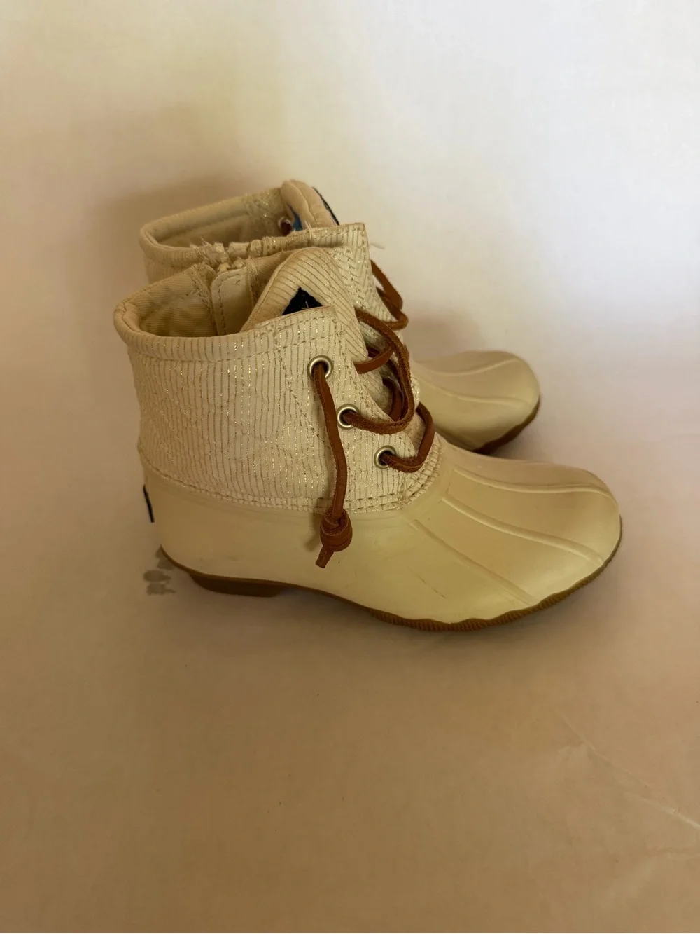 Sperry Kids Cream and Brown Lace Duck Boots